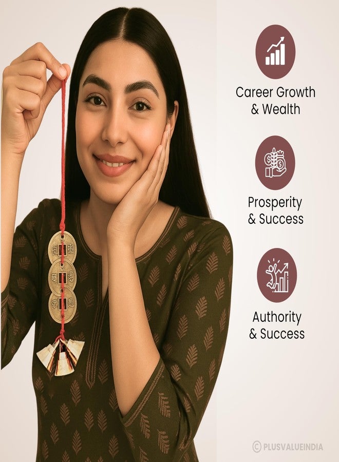 Plus Value Fengshui Vastu Lucky Brass Hanging 3 Bell Three Chinese Coins Main Entrance Door Hanging for Home & Office Decor, Attract Wealth, Prosperity Spiritual Gifting, Cute Miniature Decor - Image 4